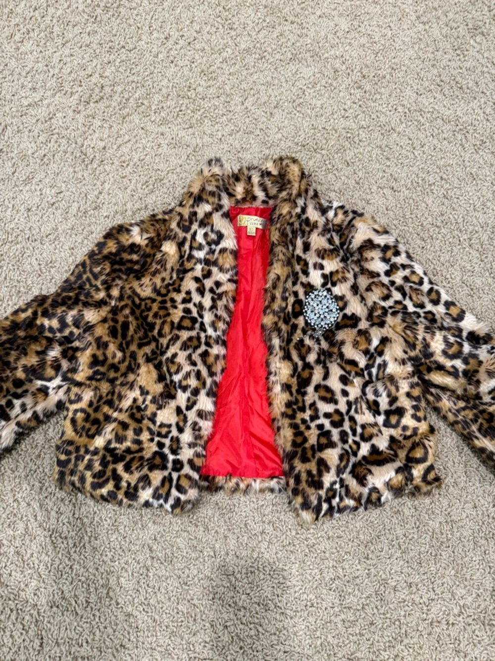 Princess Vera Wang Leopard Print Faux Fur Jacket with Red Lining